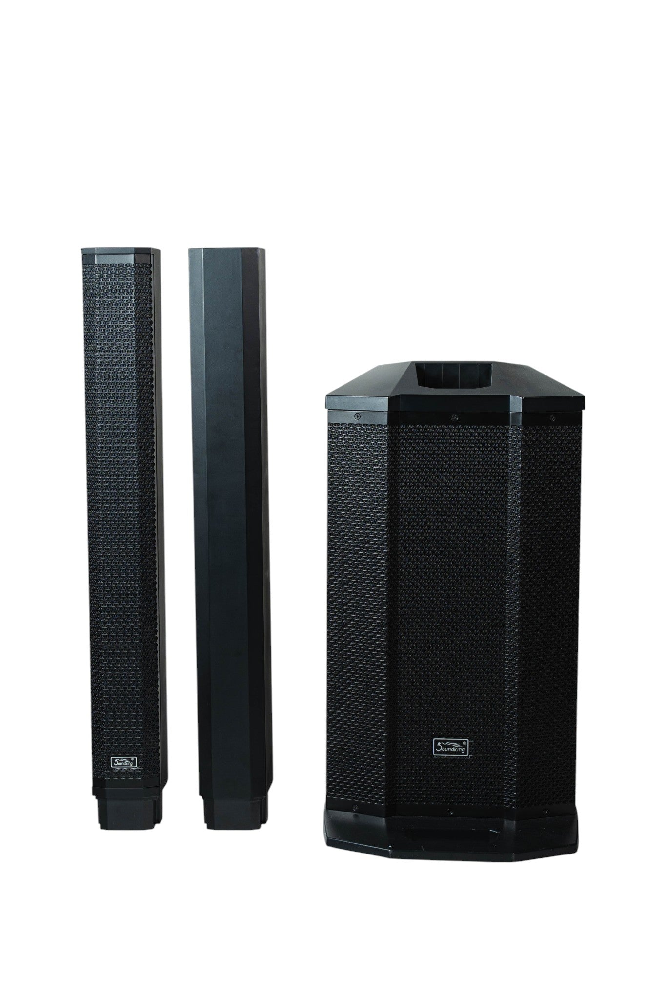 SOUNDKING | SISTEMA DE COLUMNA VERTICAL (ARRAY) AUTOALIMENTADO DE 3 VÍAS DE ALTA DEFINICIÓN CON 180W RMS. INCLUYE UN DRIVER DE RANGO ALTO DE 1", SEIS BOCINAS DE RANGO MEDIO DE 3" Y UN SUBWOOFER DE 12", INCLUYE FUNDAS PARA PROTECCIÓN