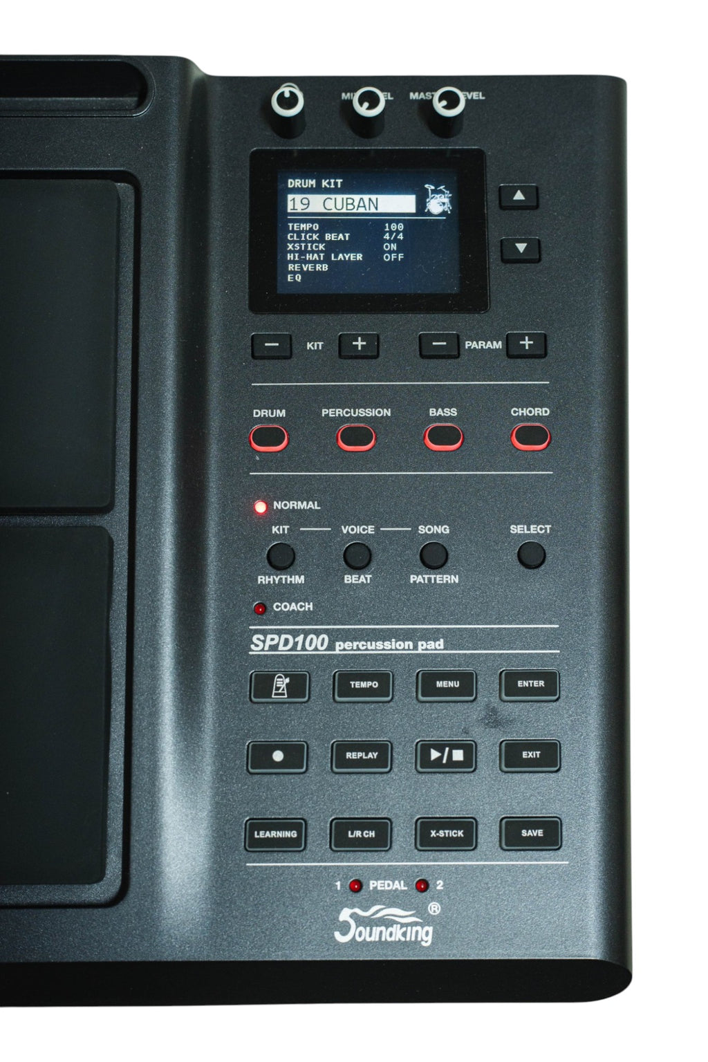 SOUNDKING | PAD DE PERCUSIÓN CON PANTALLA TFT LCD DE 2.8". INCLUYE FUNDA PROTECTORA, BASE ESTABLE Y DOS PEDALES (HH-CTRL Y KICK).